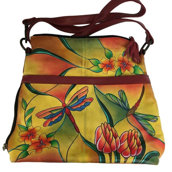 Anuschka NEVER USED Handpainted Leather Tote Shoulder Dragonfly Floral - Picture 1 of 13